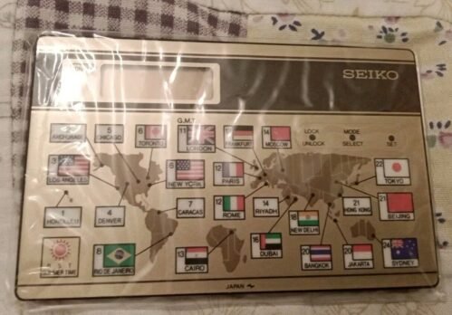 Vintage SEIKO Quartz World Time Alarm Travel Clock Card Japan 1990