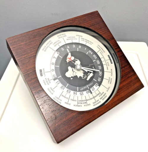 Vintage Seiko Quartz World Time Desk Clock Red Airplane Hand Working ~ Wood Case