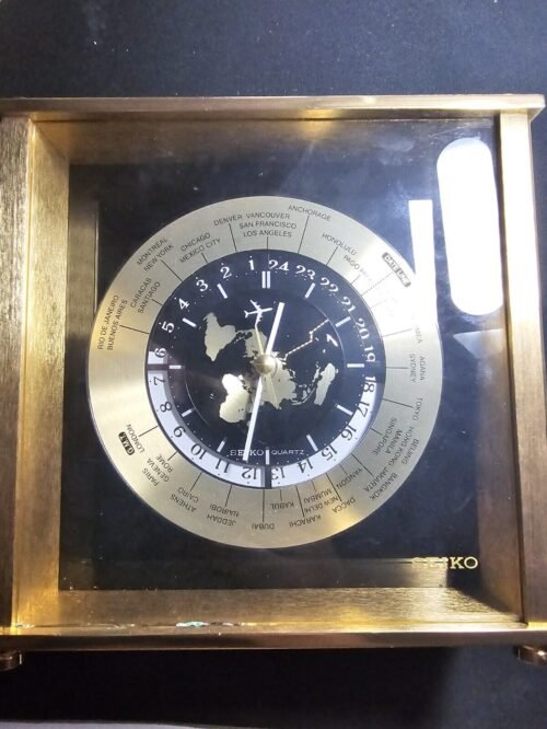 Vintage Seiko Quartz World Time Zone Clock With Airplane Second Hand Desk Mantle