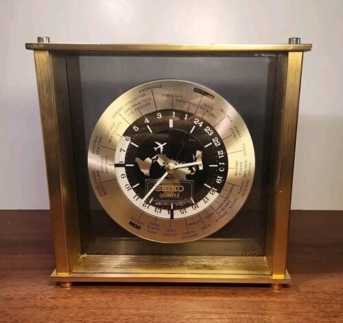 Vintage SEIKO Quartz World Time Zone Desk Clock Airplane Second Hand Brass