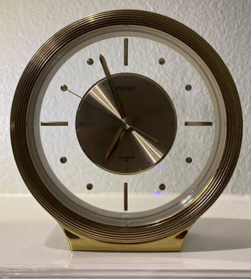 Vintage Seiko Round Gold and Glass Mantel Clock Made in Japan