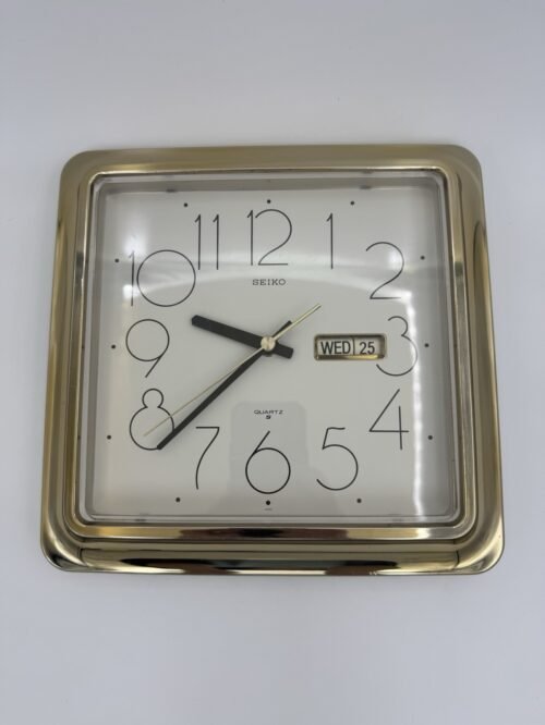 Vintage SEIKO Seikosha Quartz Wall Clock #QQC201 square gold date 80s Parts Only