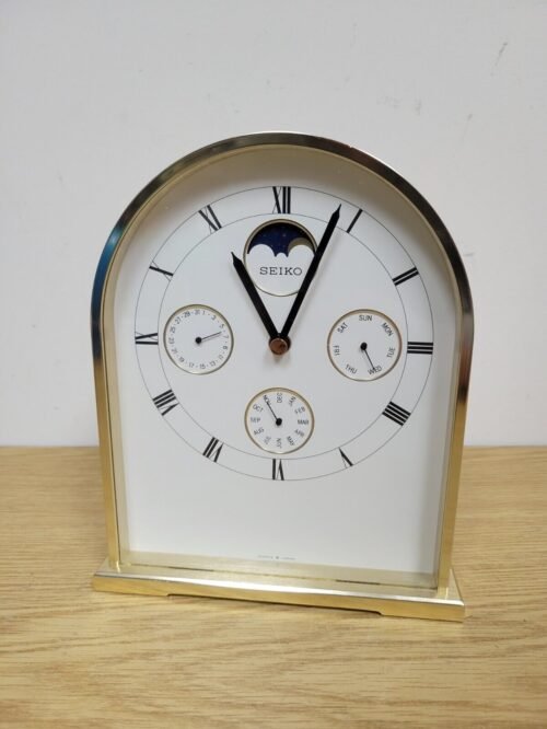 Vintage Seiko Solid Brass Day Month Date' Carriage Desk Table Mantle Clock Japan