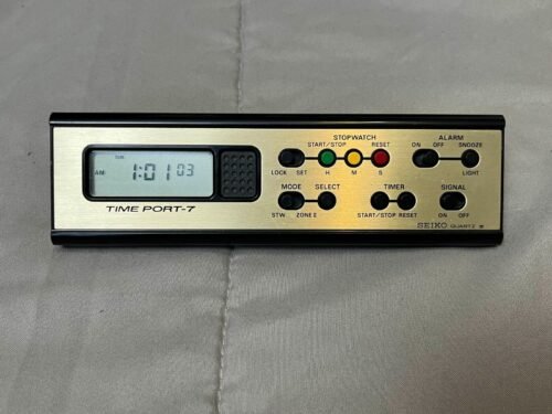 Vintage Seiko Time Port-7 Japanese Retro Desk Clock LCD Screen Gold Face
