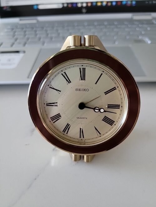 Vintage Seiko Travel Clock Alarm QQ526B brass gold tone hexagon Folding Arms