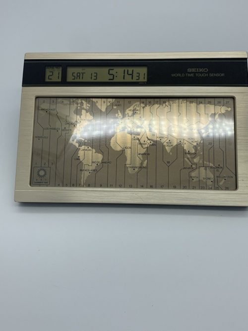 Vintage SEIKO World Time Touch Sensor Desk Clock Bronze Gold Works