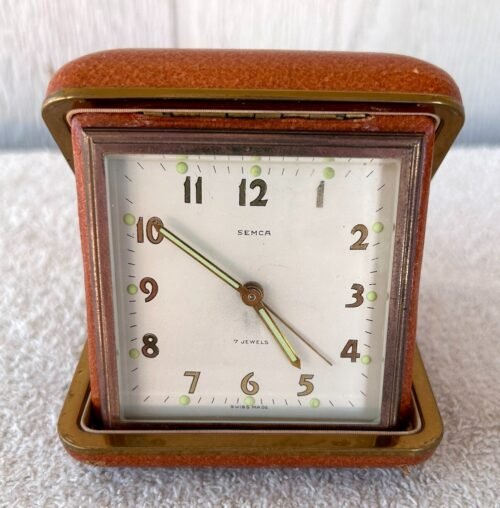 Vintage Semca Travel Alarm Clock Swiss Made 7 Jewels Genuine Leather Case