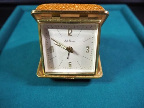 Vintage Seth Thomas Travel Alarm Clock Made in Germany Square Case Brown Leather