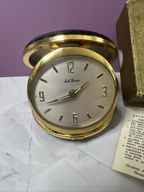 Vintage Seth Thomas Travel Alarm Clock Wind Up Folding Clam Works Germany Black