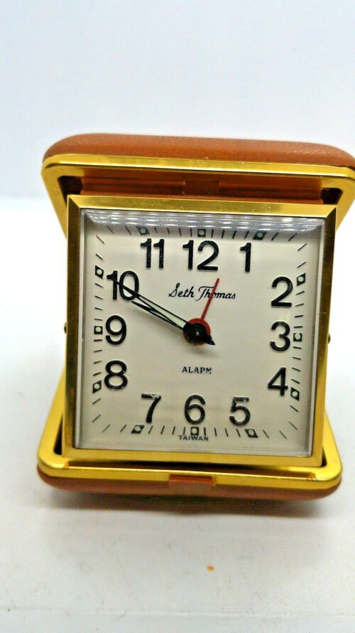 Vintage Seth Thomas Wind Up Travel Alarm Clock Working Tan Case