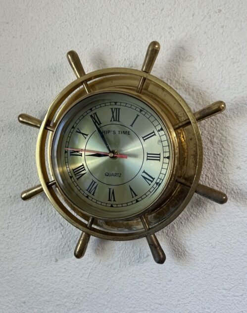 Vintage SHIP'S TIME Solid Brass Nautical Wheel Wall Quartz Clock, 11" Diameter.