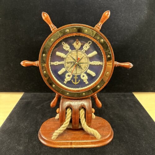 Vintage Ships Wheel Mantle Clock Wood Block & Tackle Nautical Sailing Knots 13"