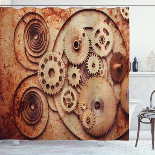 Vintage Shower Curtain Mechanical Clocks Gears Print for Bathroom