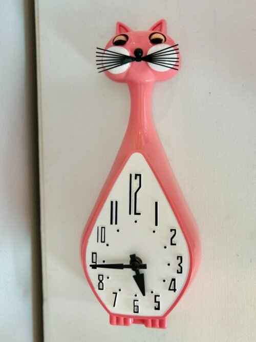 Vintage Simone Animated Pink Cat Wall Clock - Working Condition w/ Original Box