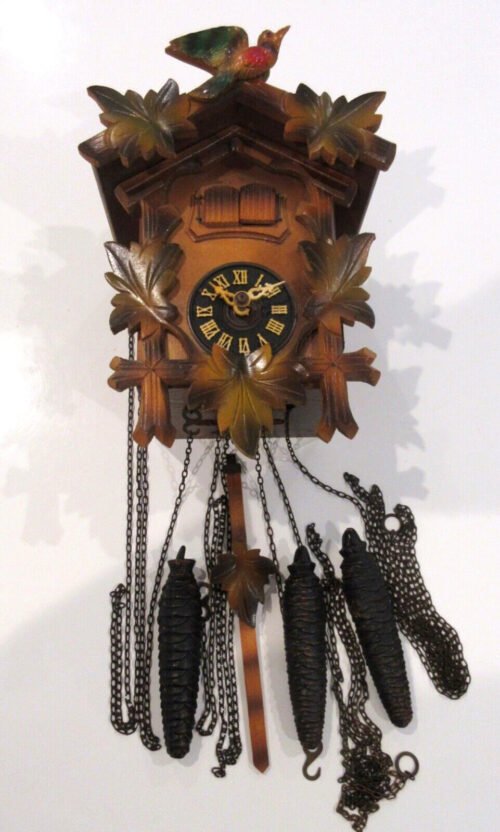 VINTAGE SMALL 9" GERMAN BLACK FOREST CARVED WOOD CUCKOO WALL CLOCK BIRD UNTESTED