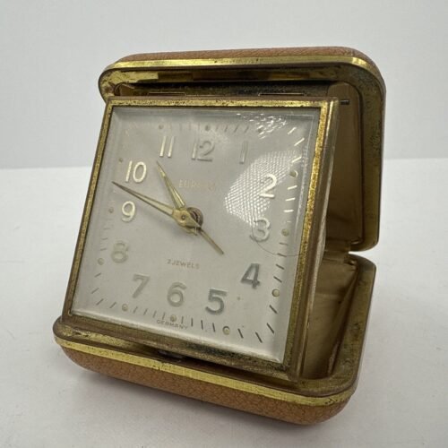 Vintage small travel alarm clock /germany wind up folding 2jewels working nicely