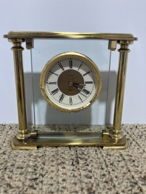 Vintage Solid Brass & Glass Linden Table/Mantle Quartz Clock