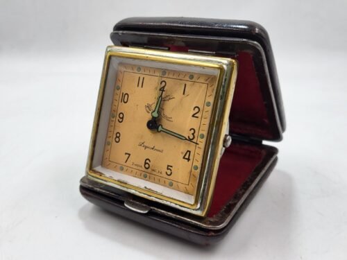 Vintage Soviet Russian Travel Alarm Clock Fold Up Style in Case 50s
