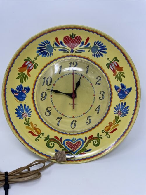 Vintage Spartus Metal Plate Hearts Flowers Bird Wall Clock Works!