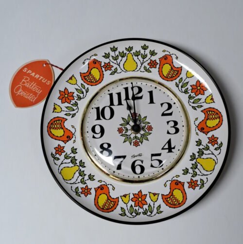 vintage Spartus Metal Wall Clock Birds Pears Spice of Life Yellow Orange Retro