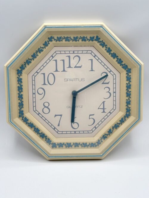 Vintage Spartus Quartz Octagon 9” Wall Clock Ivory & Light Blue Ivy Leaves #5396
