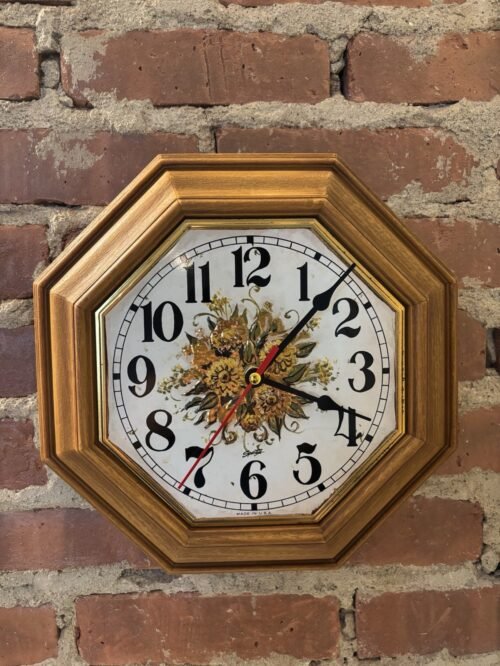 Vintage Spartus Wall Clock Gold Floral Cottage Faux Wood Frame 9.5" To Battery