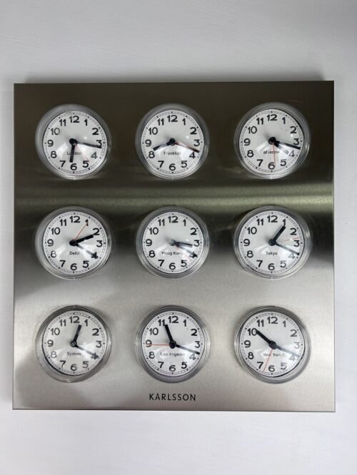 Vintage Stainless Steel KarIsson Time Zone 9 Analogue Bubble Wall Clocks WORKS!