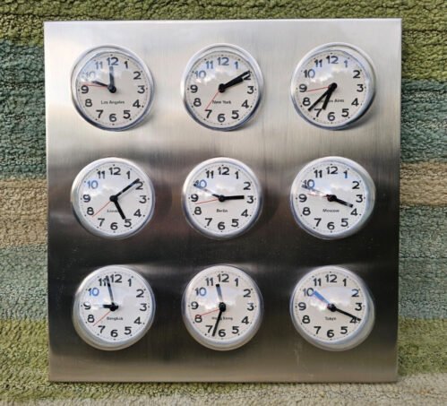 Vintage Stainless Steel KarIsson World Time Zone 9 Analogue Bubble Wall Clocks