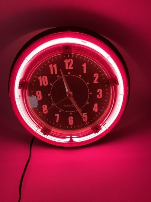 Vintage Sterling & Noble 11”x3” Pink Neon Wall Clock - Fully Tested Plastic