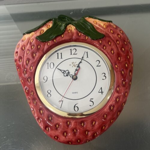 Vintage Strawberry Clock Large Wall KK Ceramics Fruit Decor 14” Quartz