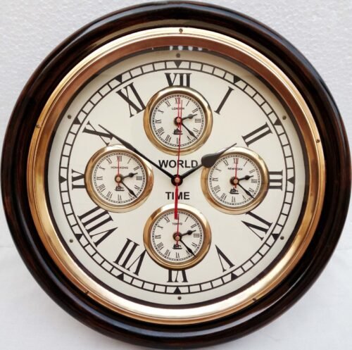 Vintage Style Brass Wooden Wall Clock~World Time Clock Wall Decor Nautical Gift