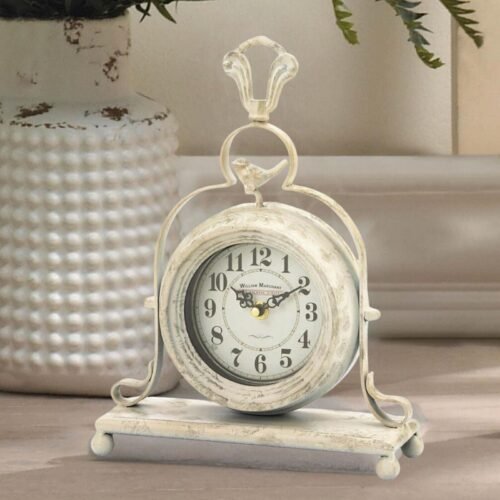 Vintage Style White Decorative Iron Table Clock Distressed Farmhouse Home Décor