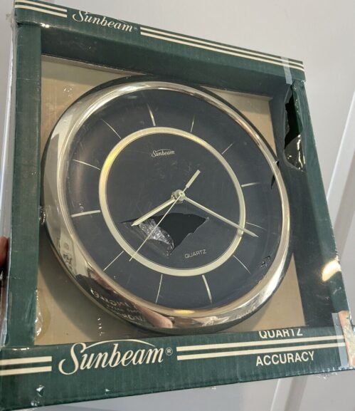 Vintage Sunbeam Quartz 10” Acrylic Wall Clock Black & Gold NEW in Original Box