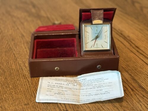 Vintage Swank Travel Alarm Clock Leather Case w Original Paperwork Cowhide 1950s