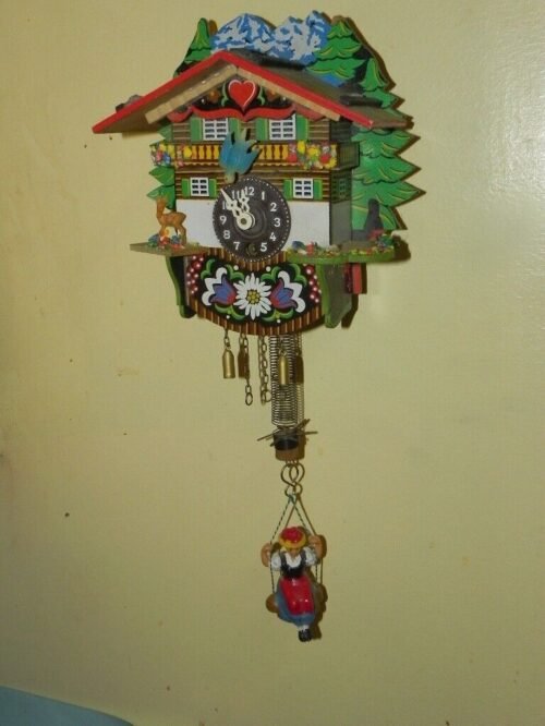 Vintage Swiss Chalet Bouncing Girl on Swing & Bluebird Small German Cuckoo Clock