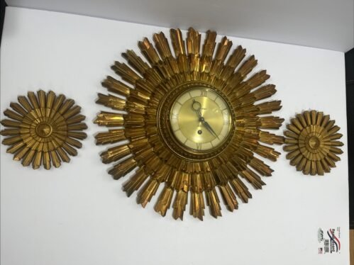 Vintage Syroco Starburst Atomic 2 Wall Plaques & Clock MCM 16” Gold Retro W/ Key