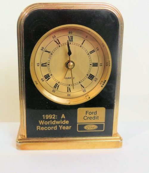 Vintage Table Alarm Clock Ford Credit 1992 Black Enamel and Gold Works 4 Inches