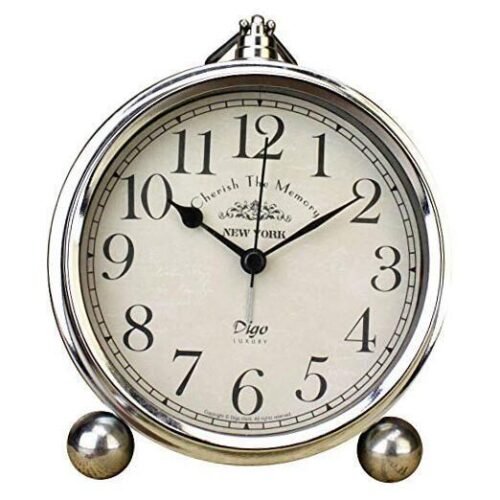 Vintage Table Clock, Iron European Style Desk Clock Battery Operated Silver