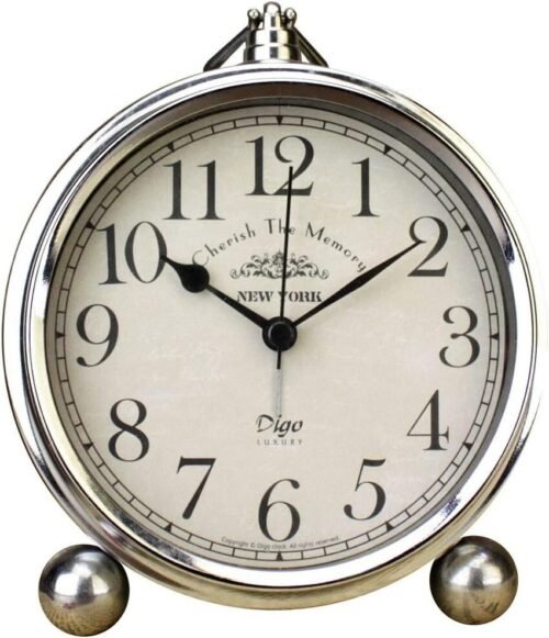 Vintage Table Clock, Iron European Style Desk Clock Battery Operated Silver