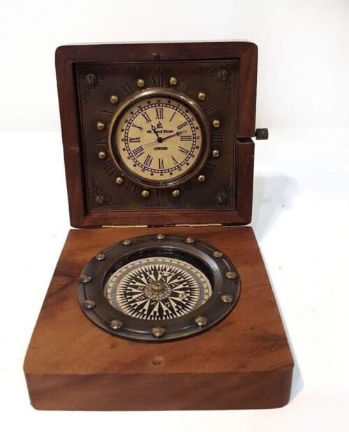 Vintage Table Watch Antique Wooden Desk Compass Brass Brown Clock Christmas Gift