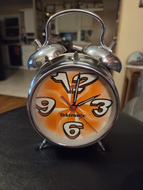 Vintage TEKTRONIX Orange Wind Up Alarm Clock with Double Bells WORKS GREAT!