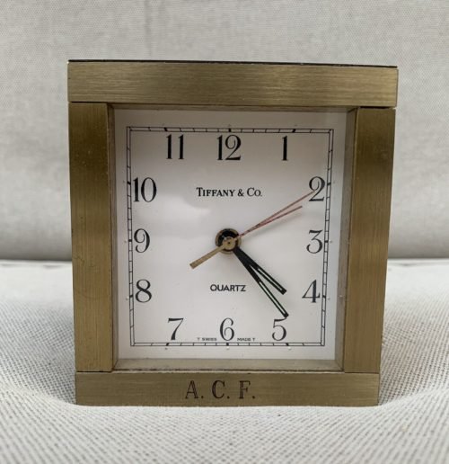 Vintage Tiffany & Co "T Swiss" Heavy Brass Shelf Mantle Desk Clock ~ Monogrammed