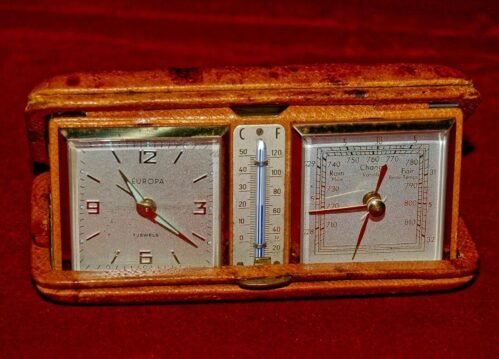 VINTAGE Travel Alarm Clock EUROPE Thermometer and Barometer 1950's
