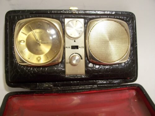 Vintage Travel Alarm Clock & Radio Leather Case. Made Japan & Hong Kong