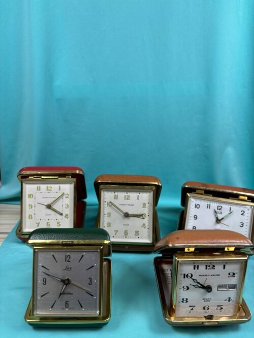 Vintage Travel Alarm Clocks, Lot of 5, 1941-1969, Mid-Century, Lux-Finney-Elgin