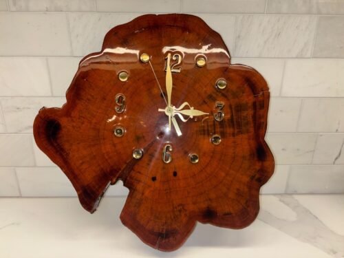 Vintage Tree Slice Wood Wall Clock Live Edge Slab Lacquered Rustic Cabin Tested