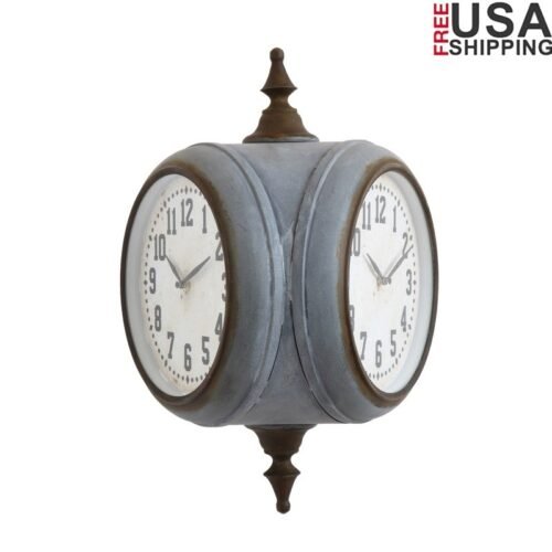 Vintage Two Sided Wall Clock Conversation Starter Distressed Finish Analog Decor