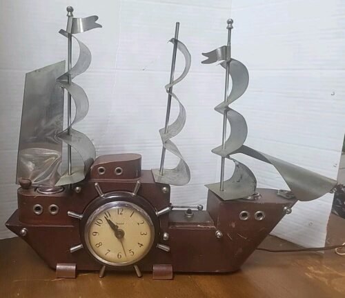 Vintage United Clock Sailing Clipper Ship Boat Wood Mantel Corded Clock