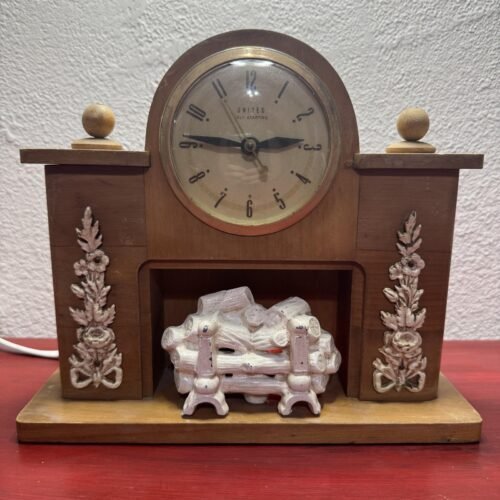 Vintage United Self-Starting Electric Mantel Clock Fireplace Log Insert Wood USA