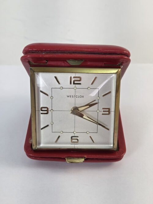 Vintage Used Westclox Travel Alarm Clock Works Winds Rings Red Leather